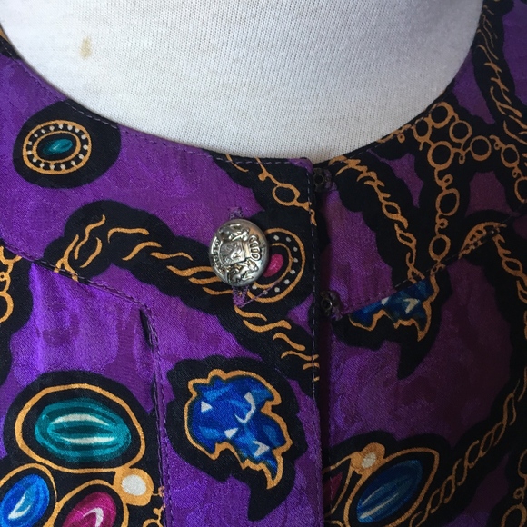 Vintage 80s Purple Silk Christmas Theme Blouse 8 - Picture 4 of 6